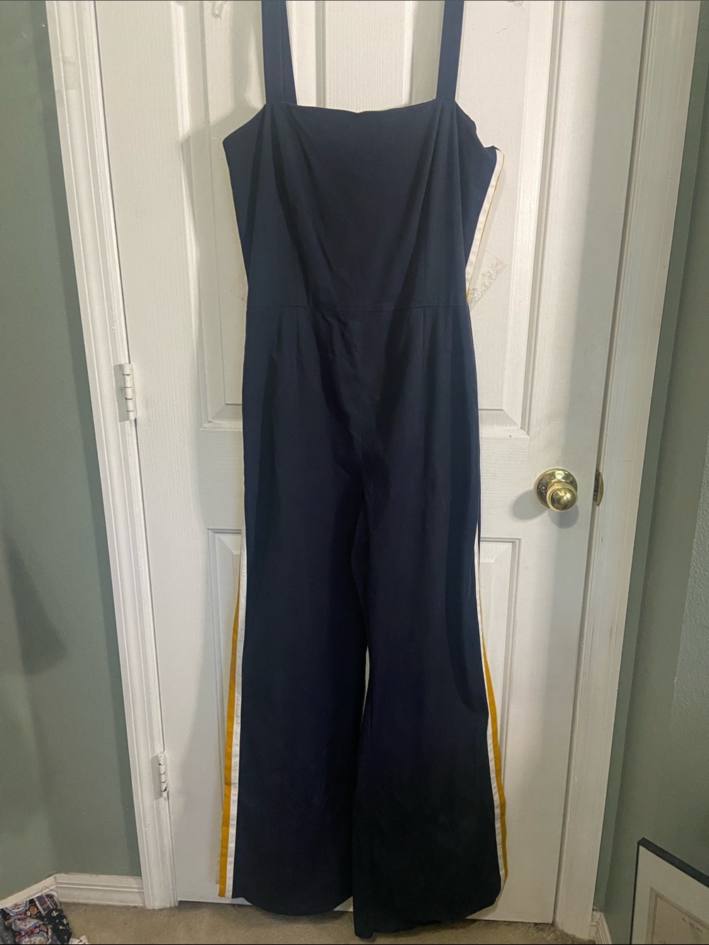 Navy Wide-Leg Jumpsuit with Gold & White Side Stripes